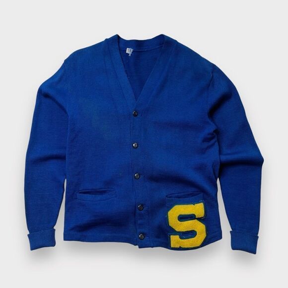 Vtg Varsity Class Sweater, College Letterman, 100% Wool, Blank Cardigan, S - Picture 1 of 9